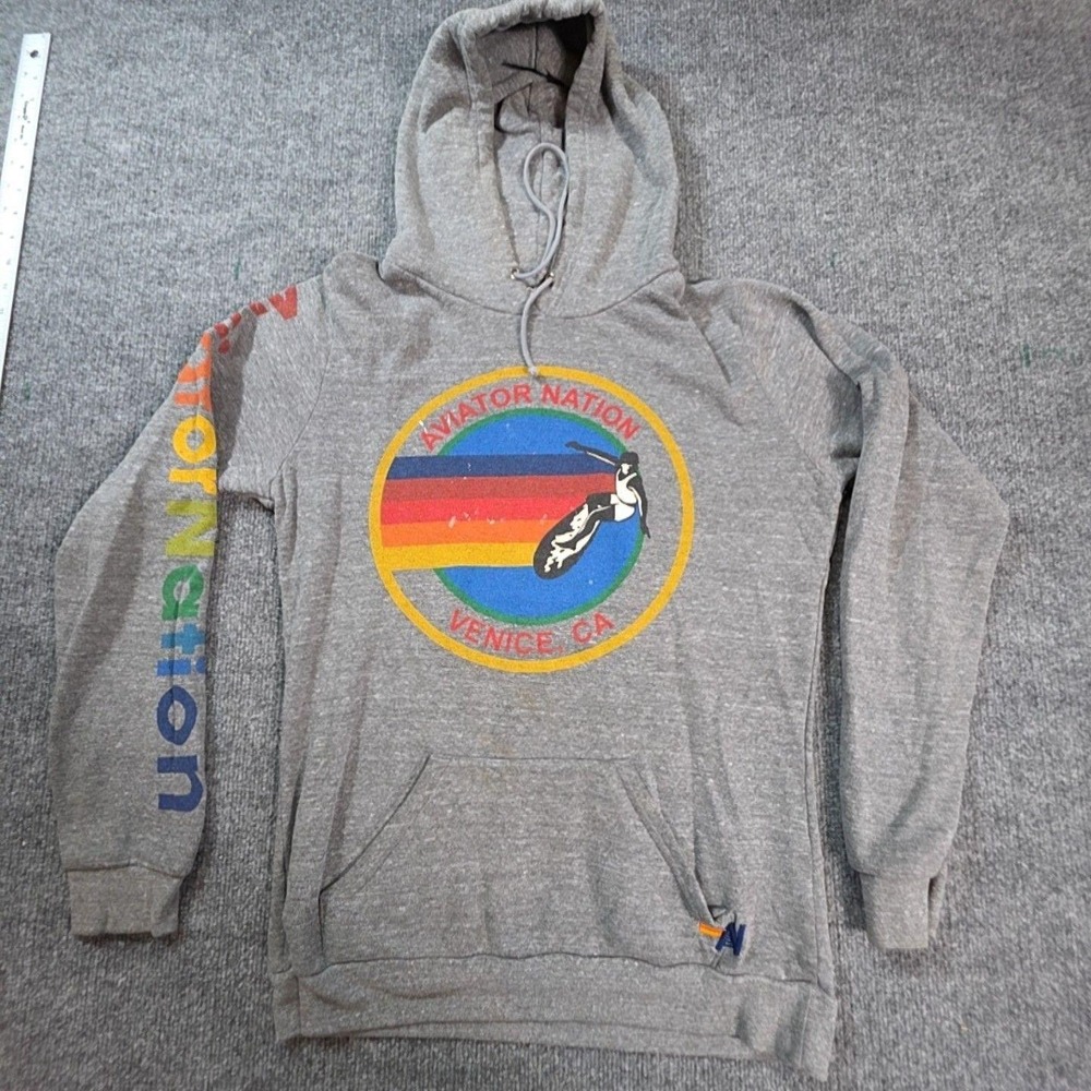 Aviator Nation Hoodie Mens Large Gray Pullover Fleece Venice CA Rainbow Graphic